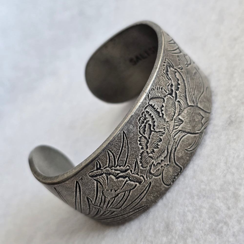 Vintage Salisbury Pewter January Birth Flower Carnation Cuff Bracelet Floral